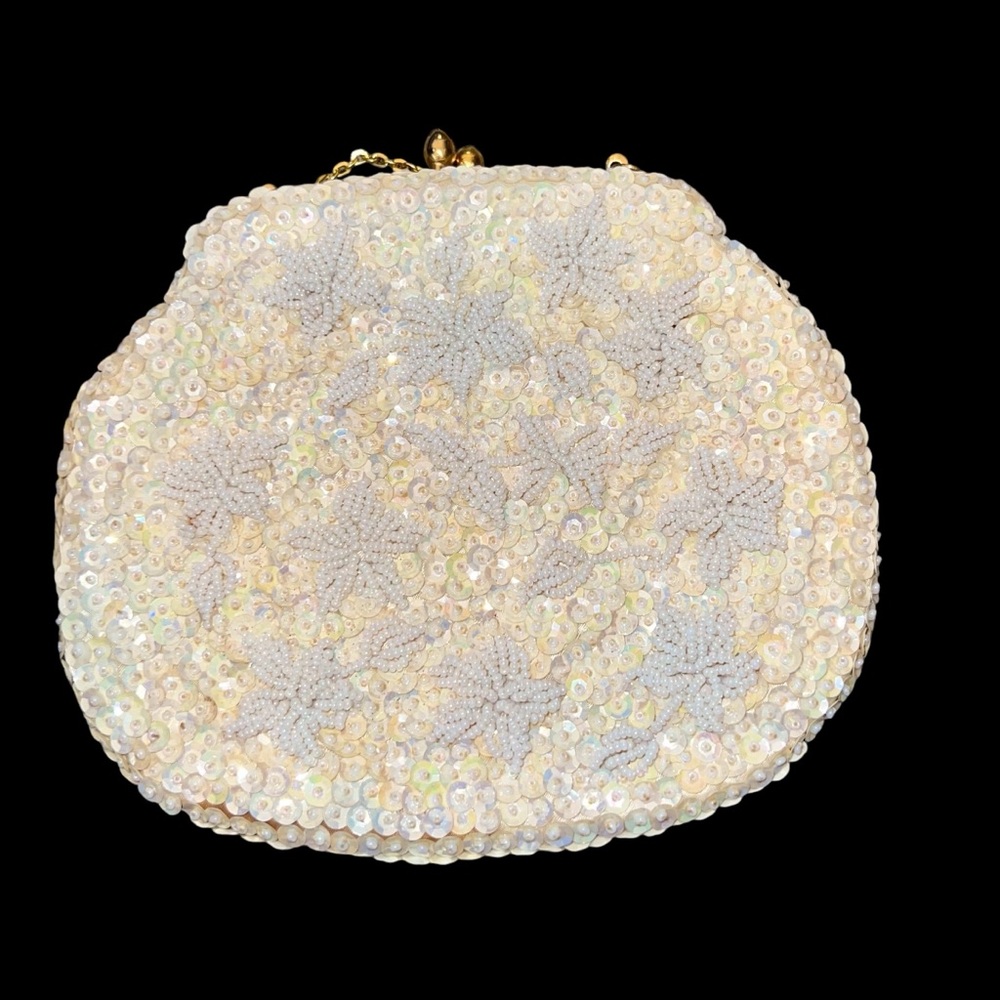 Vintage 60's Beaded Sequin Hand Bag Gold Hardware Made Hong Kong Wedding